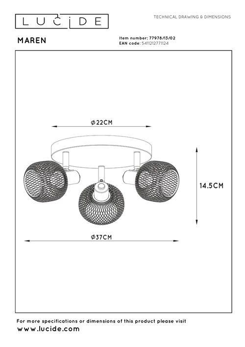 Lucide MAREN - Spot plafond - Ø 37 cm - 3xE14 - Or Mat / Laiton - technique